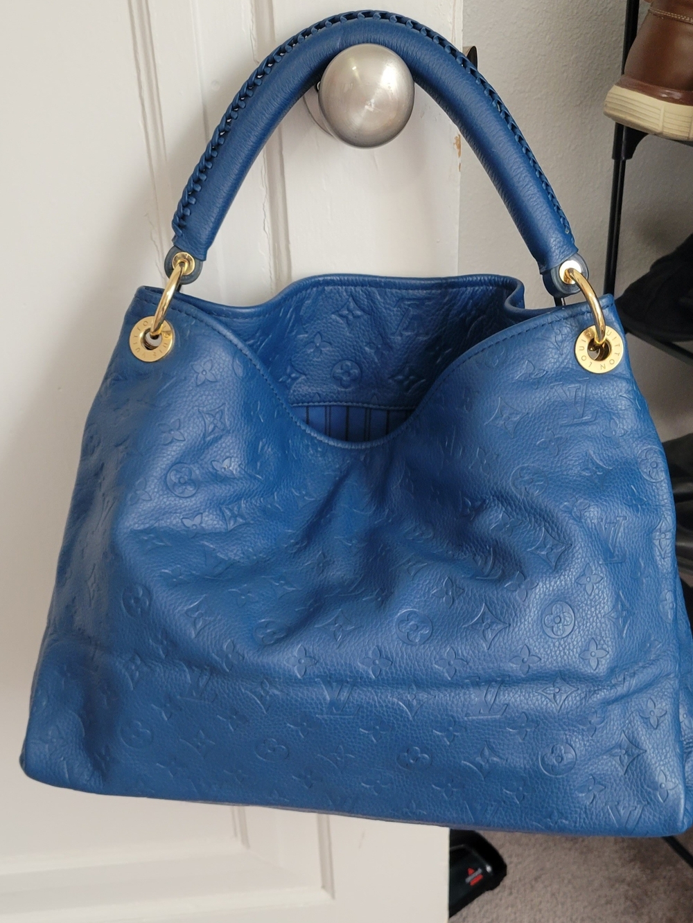 Designer-Style Blue Embossed Leather Shoulder Bag Big